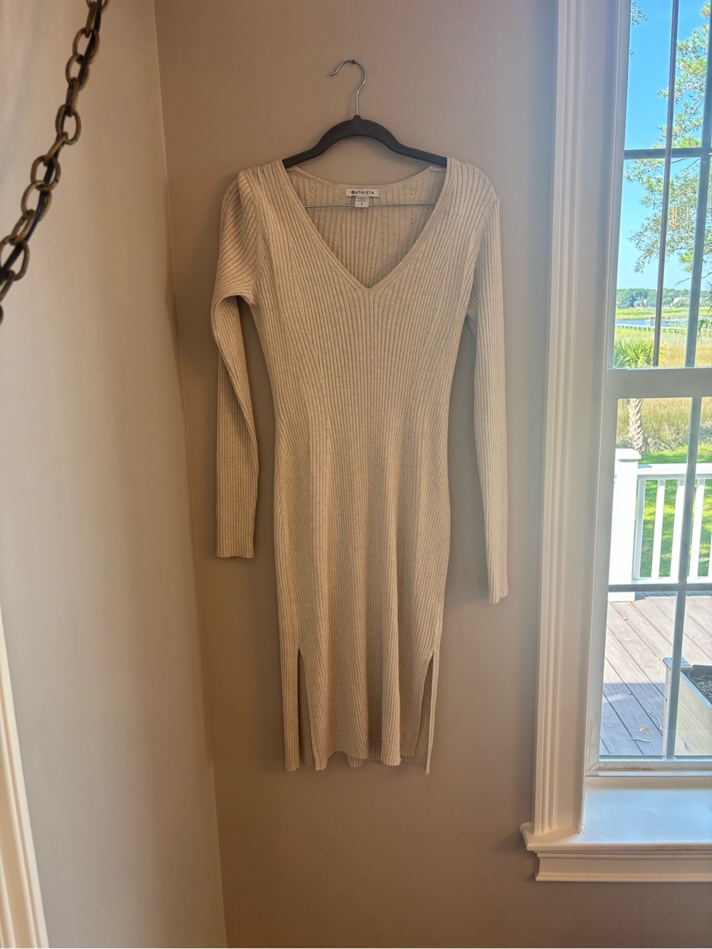 Athleta Ribbed V-Neck Long Sleeve Knit Dress in Cream
